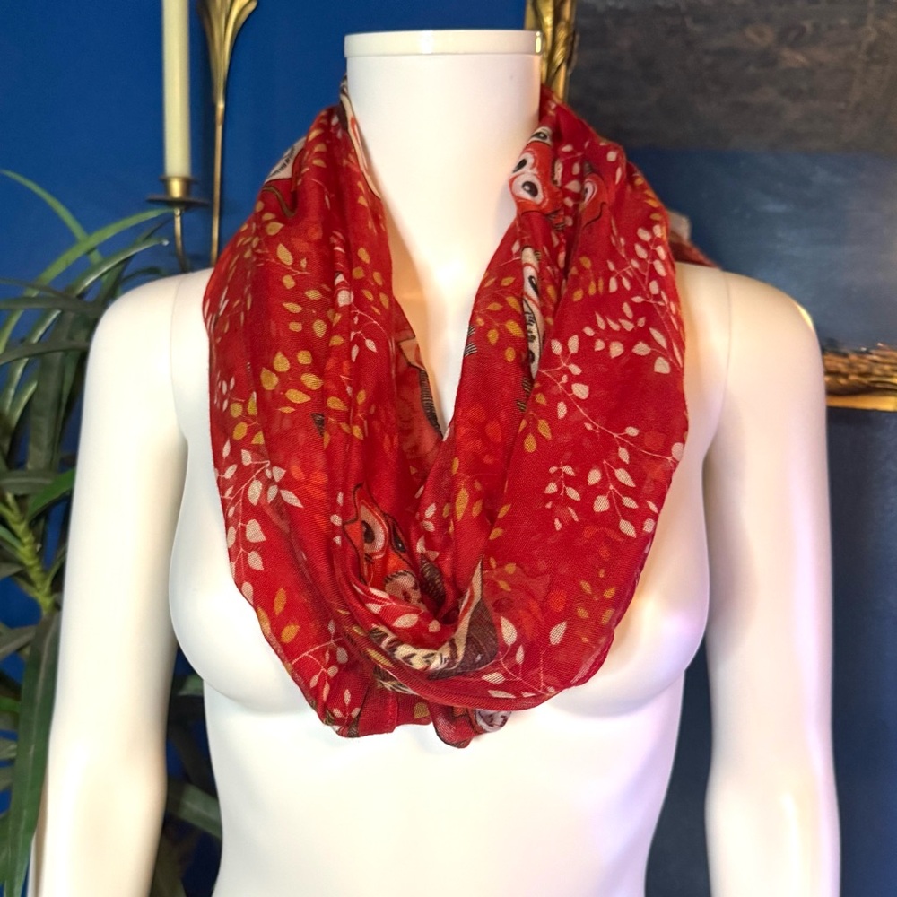 Vivian & Vincent Red Owl Print Sheer Infinity Scarf